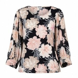 Calvin‎ Klein Womens Size XL Floral Blouse Long Sheer Sleeve Pink Black Office